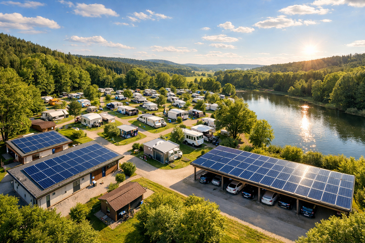 Campingplatz mit CampingPower Solaranlage – Luftaufnahme