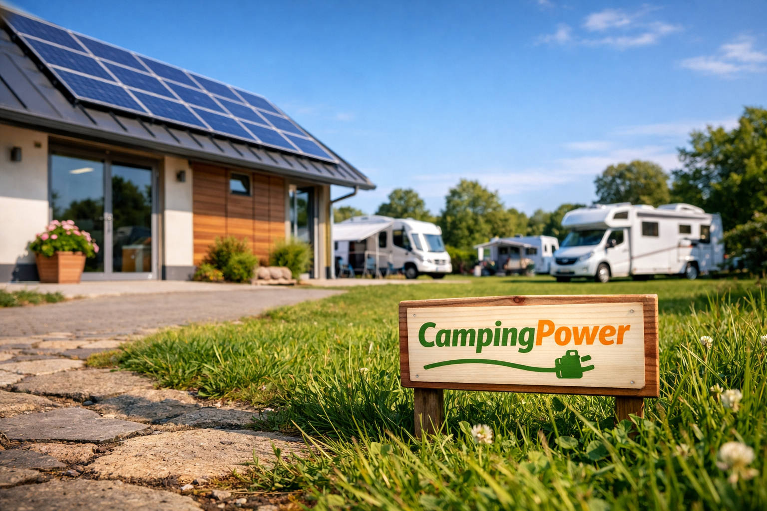 Campingplatz mit Solaranlage auf Sanitärgebäude
